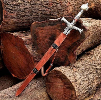 Handmade Damascus Steel King Solomon Sword | Medieval Display with Leather Sheath