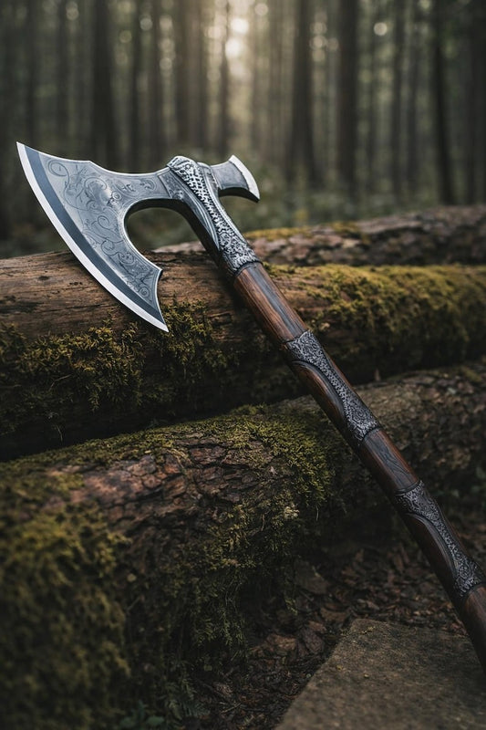 Custom Forged Viking Battle Axe – Engraved Carbon Steel Norse Hatchet