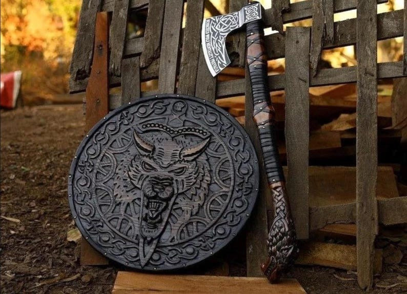 “Handcrafted Viking Axe with Wolf Shield – Norse Warrior Medieval Decor & Gift”