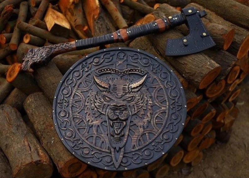 “Handcrafted Viking Axe with Wolf Shield – Norse Warrior Medieval Decor & Gift”