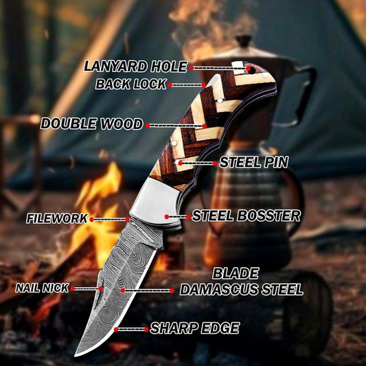 Handmade Damascus Folding Hunting Knife – Custom EDC Pocket Knife With Clip Wood Handle