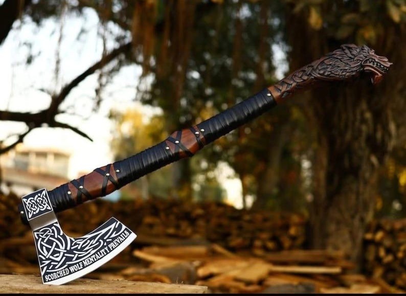 “Handcrafted Viking Axe with Wolf Shield – Norse Warrior Medieval Decor & Gift”