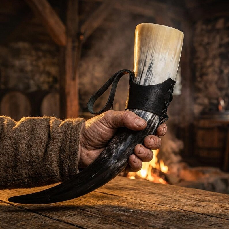 Viking Gift for Men: Handmade Real Ox Horn Mug – 380ml Traditional Nordic Beer Stein