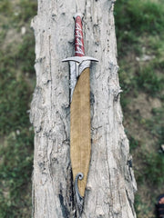 Hand Forged Sting Sword Replica – Lord of the Rings Bilbo & Frodo Baggins Elven Short Sword with Red Wood Handle, Leather Sheath & Display Plaque