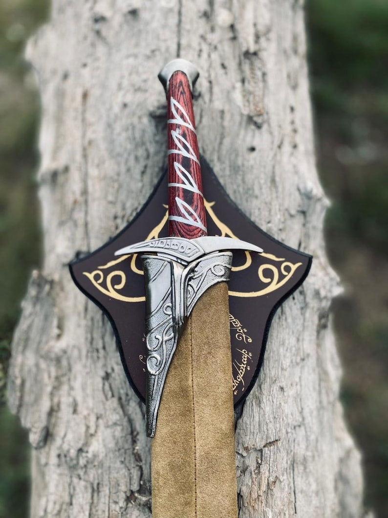 Hand Forged Sting Sword Replica – Lord of the Rings Bilbo & Frodo Baggins Elven Short Sword with Red Wood Handle, Leather Sheath & Display Plaque