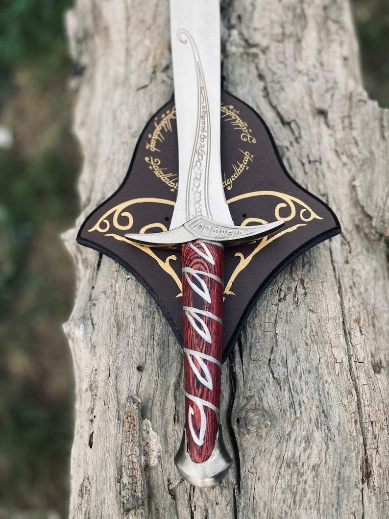 Hand Forged Sting Sword Replica – Lord of the Rings Bilbo & Frodo Baggins Elven Short Sword with Red Wood Handle, Leather Sheath & Display Plaque