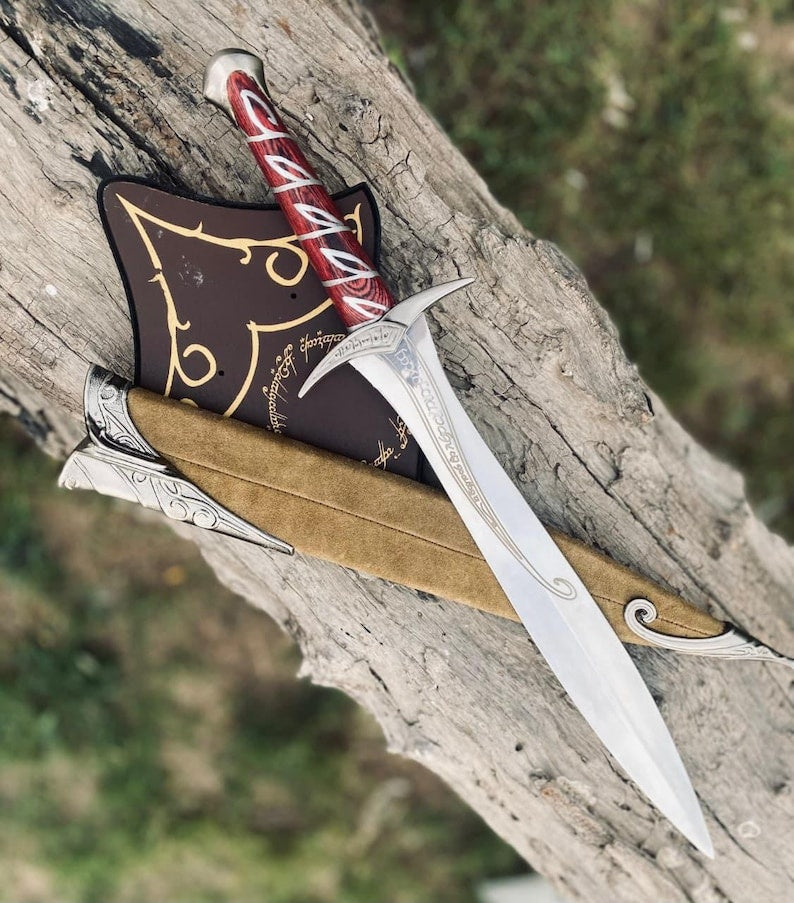 Hand Forged Sting Sword Replica – Lord of the Rings Bilbo & Frodo Baggins Elven Short Sword with Red Wood Handle, Leather Sheath & Display Plaque