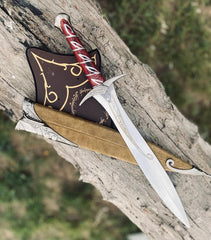 Hand Forged Sting Sword Replica – Lord of the Rings Bilbo & Frodo Baggins Elven Short Sword with Red Wood Handle, Leather Sheath & Display Plaque