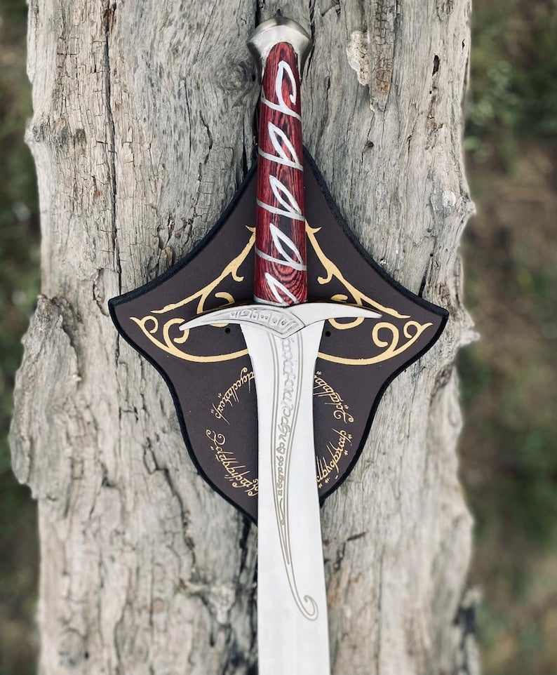 Hand Forged Sting Sword Replica – Lord of the Rings Bilbo & Frodo Baggins Elven Short Sword with Red Wood Handle, Leather Sheath & Display Plaque