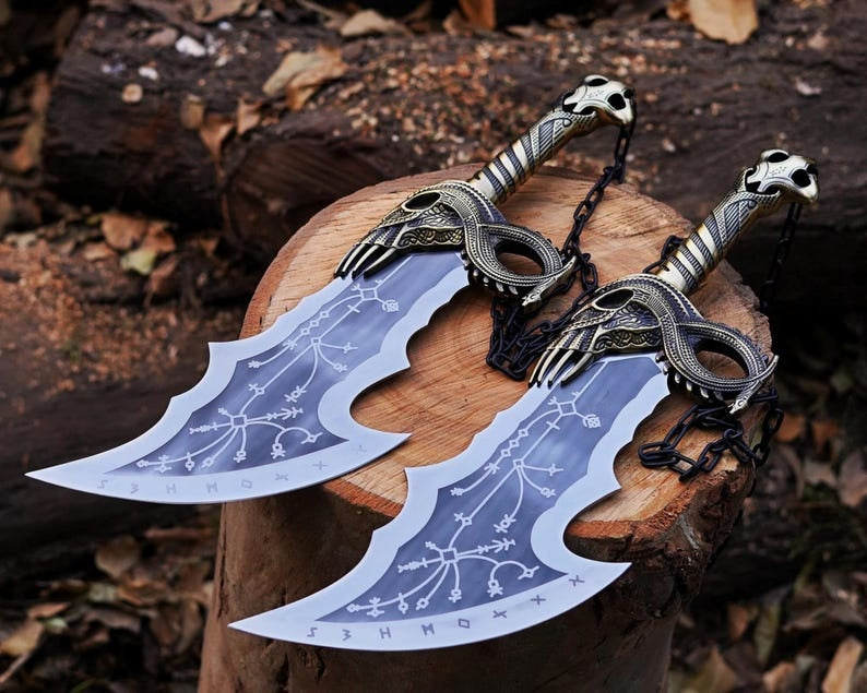 Handcrafted Blades of Chaos Pair | Real Steel God of War Blades with Chains & Runic Engravings