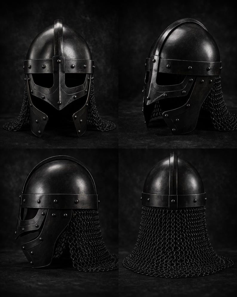 Hand-Forged Viking Gjermundbu Spectacle Helmet with Chainmail Aventail – Medieval Slavic Combat Armor