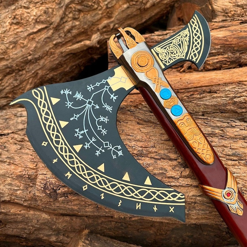Handcrafted God of War Leviathan Axe | Fully Upgraded Real Steel Viking Battle Axe & Display Replica
