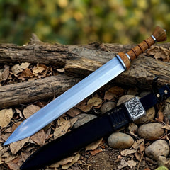 Hand Forged Celtic Leaf Blade Short Sword – High Carbon Steel Battle Ready Blade with Segmented Wooden Hilt & Ornate Leather Sheath