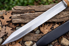 Hand Forged Celtic Leaf Blade Short Sword – High Carbon Steel Battle Ready Blade with Segmented Wooden Hilt & Ornate Leather Sheath