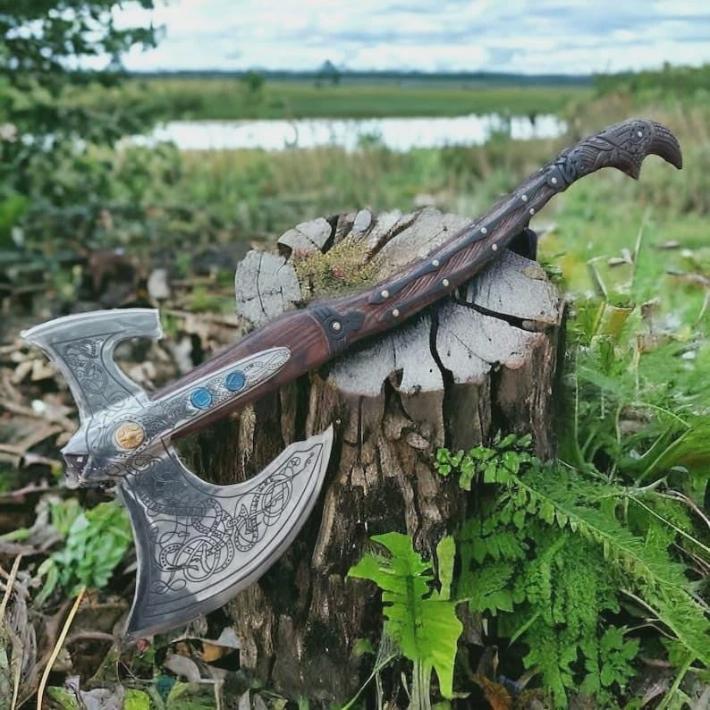 Handcrafted Double-Bit Norse Viking Battle Axe | Ornate Steel Engraved Display Collectible