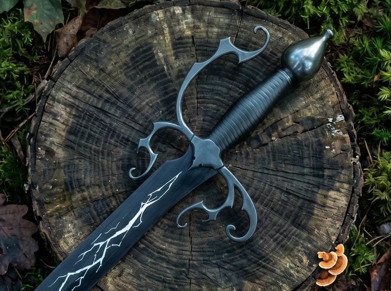 Black Fantasy Scimitar Replica – Handmade Elven Curved Sword Display Piece with Lightning Etching