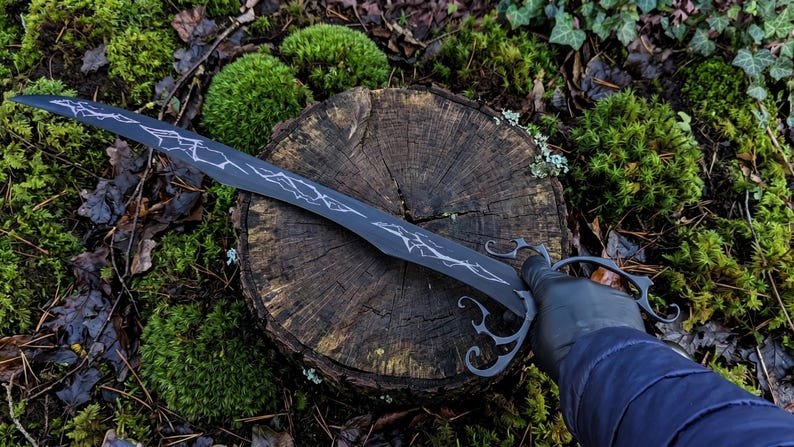Black Fantasy Scimitar Replica – Handmade Elven Curved Sword Display Piece with Lightning Etching