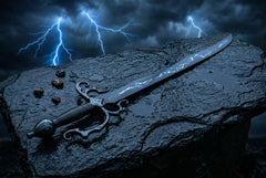 Black Fantasy Scimitar Replica – Handmade Elven Curved Sword Display Piece with Lightning Etching