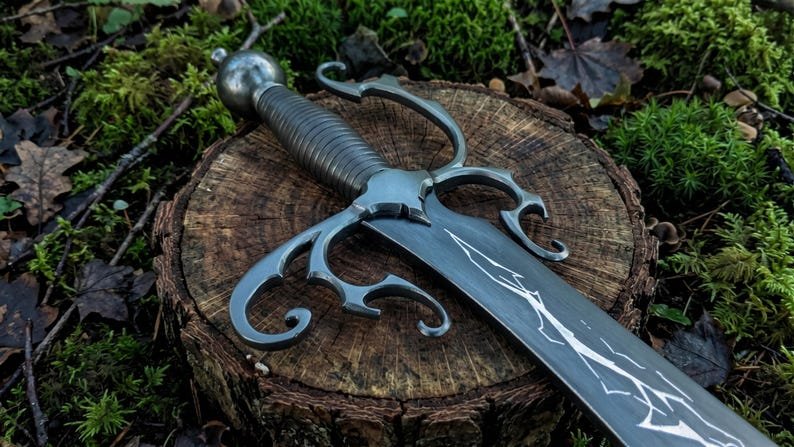 Black Fantasy Scimitar Replica – Handmade Elven Curved Sword Display Piece with Lightning Etching