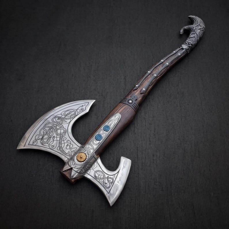Handcrafted Double-Bit Norse Viking Battle Axe | Ornate Steel Engraved Display Collectible