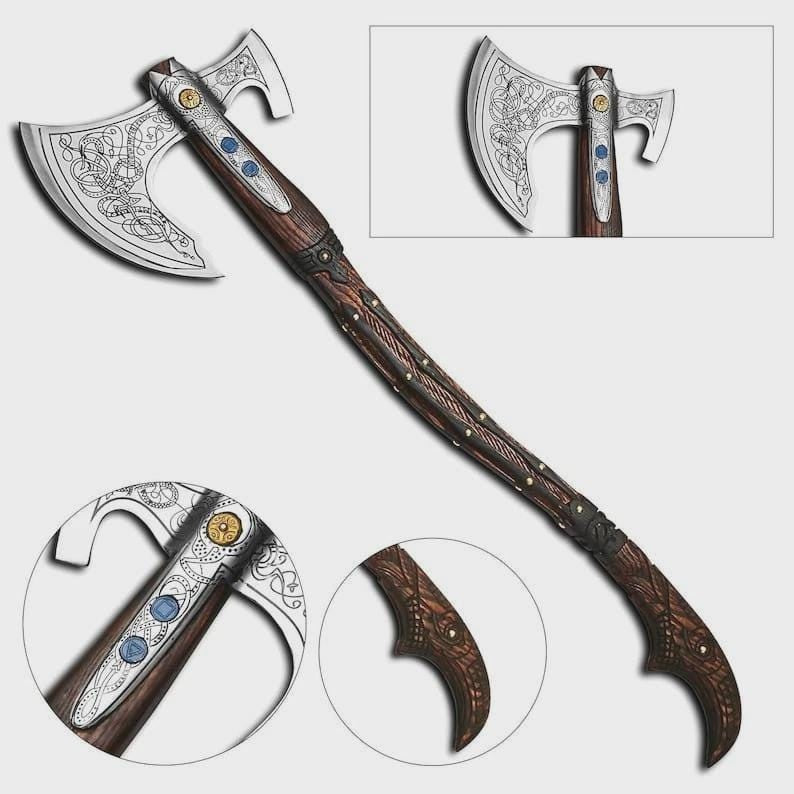 Handcrafted Double-Bit Norse Viking Battle Axe | Ornate Steel Engraved Display Collectible