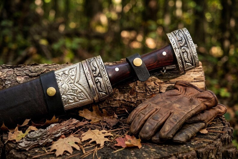 and Forged Celtic Leaf Blade Short Sword – High Carbon Steel Battle Ready Short Sword with Carved Antique Silver Fittings & Custom Leather Sheat