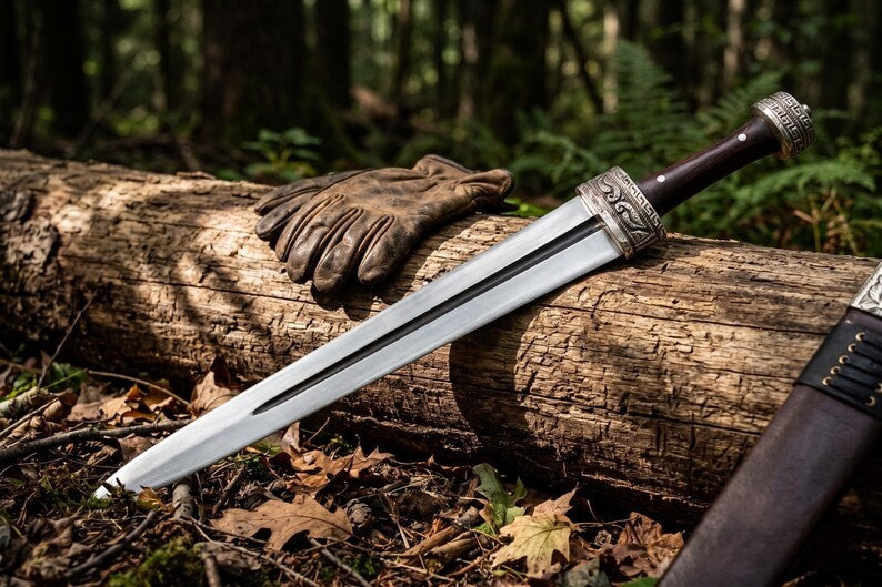and Forged Celtic Leaf Blade Short Sword – High Carbon Steel Battle Ready Short Sword with Carved Antique Silver Fittings & Custom Leather Sheat