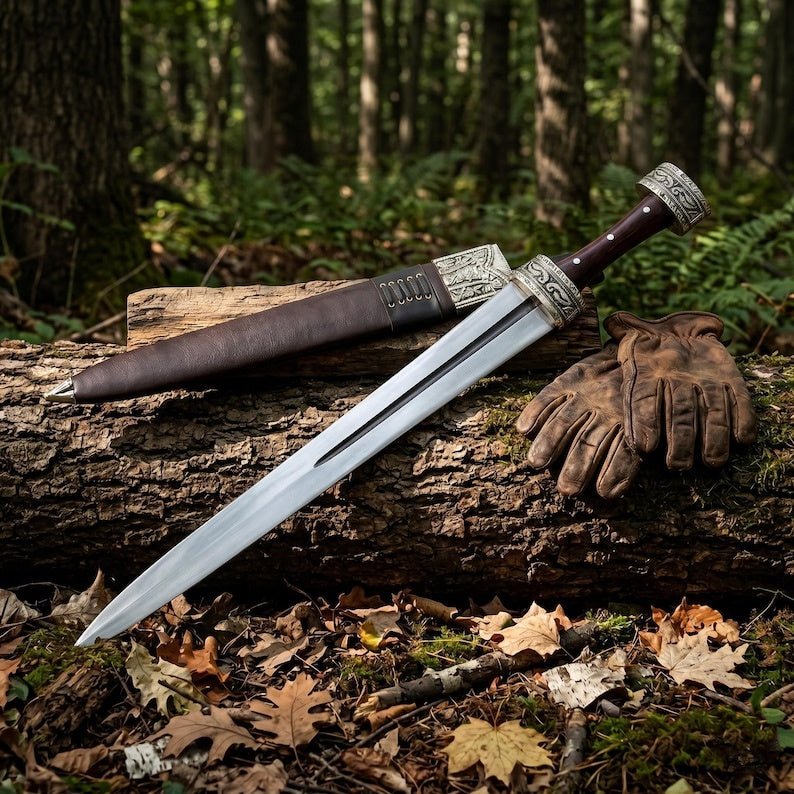 and Forged Celtic Leaf Blade Short Sword – High Carbon Steel Battle Ready Short Sword with Carved Antique Silver Fittings & Custom Leather Sheat