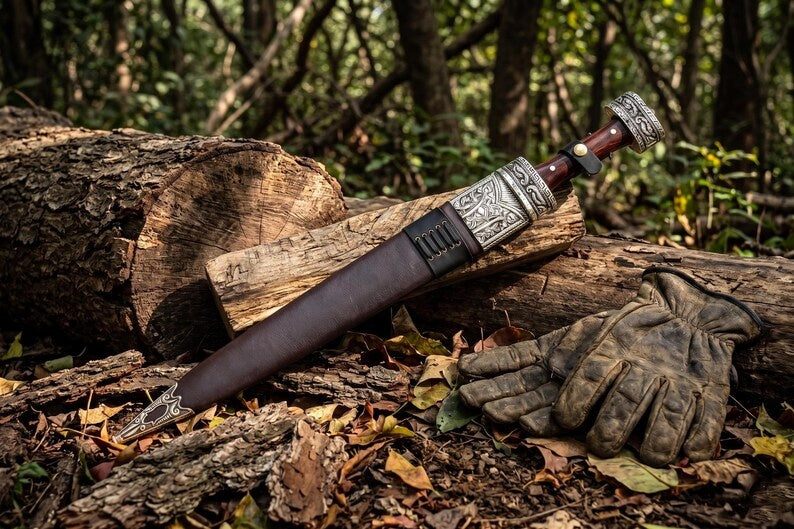 and Forged Celtic Leaf Blade Short Sword – High Carbon Steel Battle Ready Short Sword with Carved Antique Silver Fittings & Custom Leather Sheat