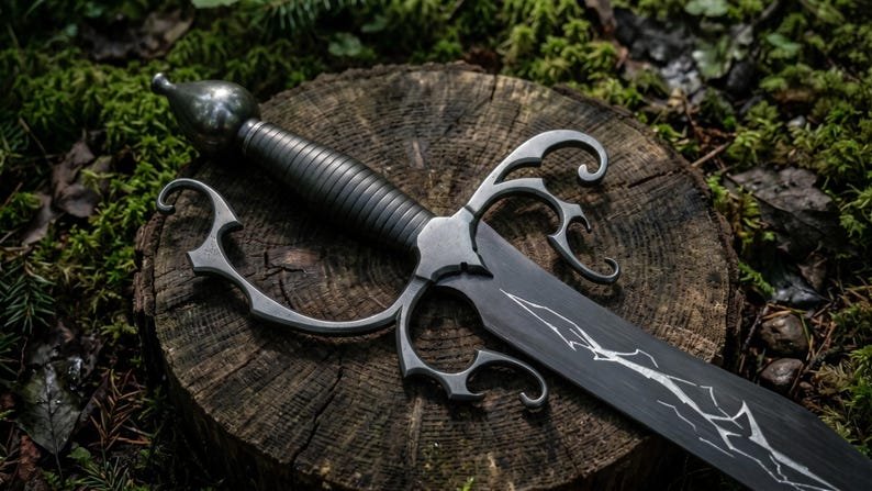 Black Fantasy Scimitar Replica – Handmade Elven Curved Sword Display Piece with Lightning Etching
