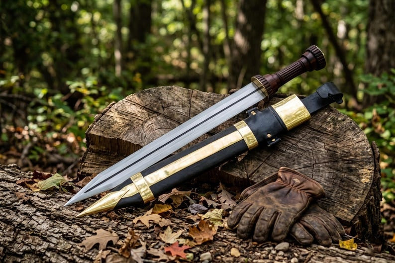 Hand Forged Roman Gladius Short Sword – High Carbon Steel Battle Ready Blade with Carved Wooden Hilt, Brass Accents & Custom Leather Sheath