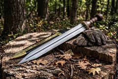 Hand Forged Roman Gladius Short Sword – High Carbon Steel Battle Ready Blade with Carved Wooden Hilt, Brass Accents & Custom Leather Sheath