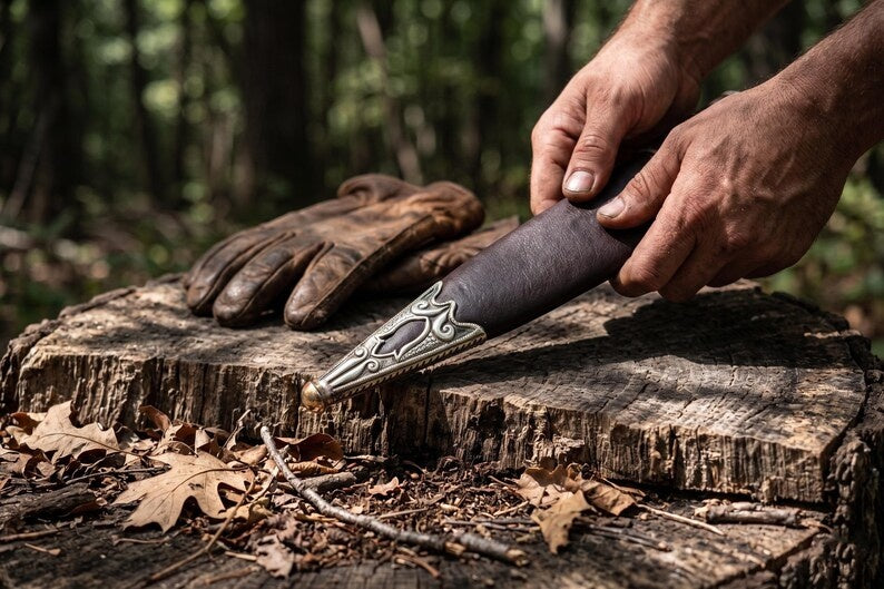 and Forged Celtic Leaf Blade Short Sword – High Carbon Steel Battle Ready Short Sword with Carved Antique Silver Fittings & Custom Leather Sheat