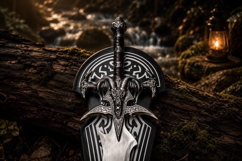Frostmourne inspired replica displayed on runic wall plaque