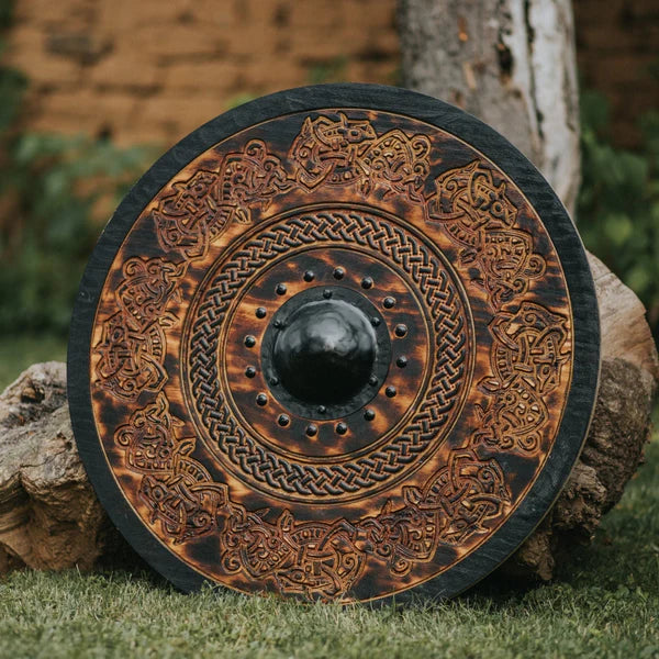 VW-4 Hand carved Dark Stained Drake Knotwork Viking Shield, 24" - Valknut Warriors
