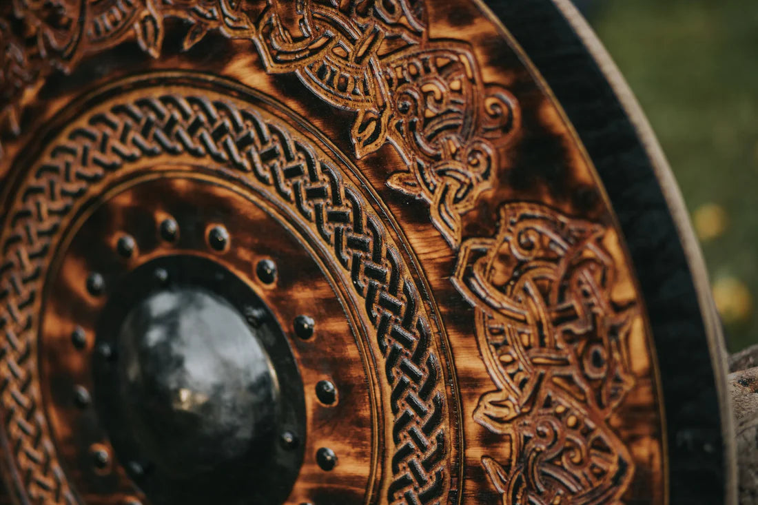 VW-4 Hand carved Dark Stained Drake Knotwork Viking Shield, 24" - Valknut Warriors
