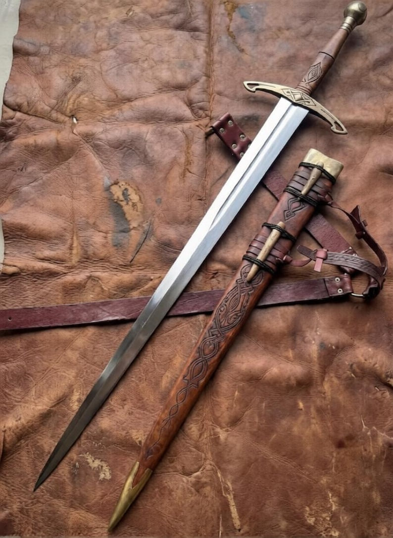 Ravencrest Viking Style Medieval Sword – Handmade Full Tang Steel Blade with Premium Leather Scabbard
