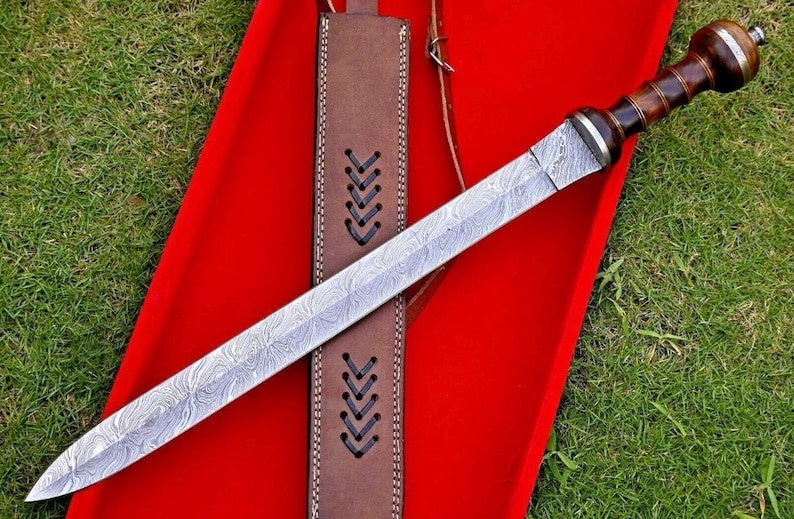 Handmade Damascus Steel Roman Gladius Sword – Medieval Collectible with Wood Handle & Leather Sheath