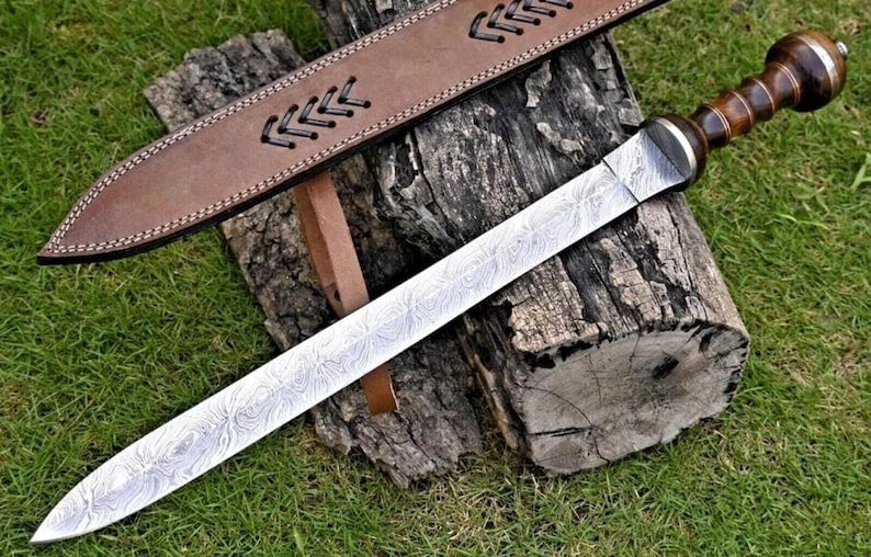 Handmade Damascus Steel Roman Gladius Sword – Medieval Collectible with Wood Handle & Leather Sheath
