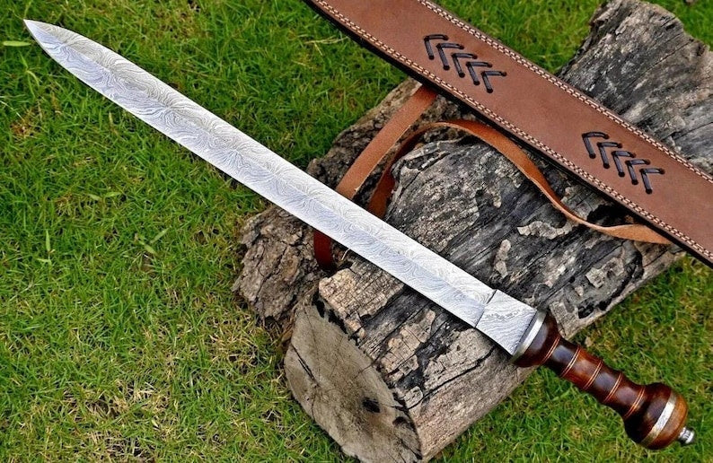 Handmade Damascus Steel Roman Gladius Sword – Medieval Collectible with Wood Handle & Leather Sheath