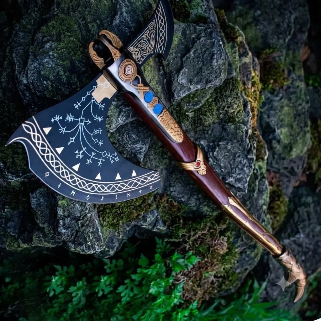 Handcrafted God of War Leviathan Axe | Fully Upgraded Real Steel Viking Battle Axe & Display Replica