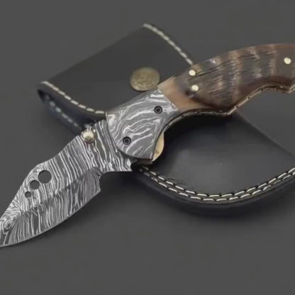 Damascus Pocket Knife with Ram Horn Handle | Hand-Forged Folding EDC Gift