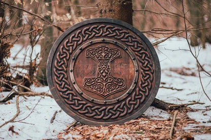 Mjolnir Thor hammer carved viking shield