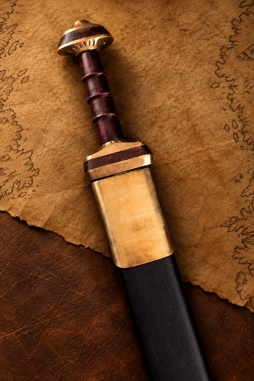 Saxon sword replica in black leather scabbard with brass fittings