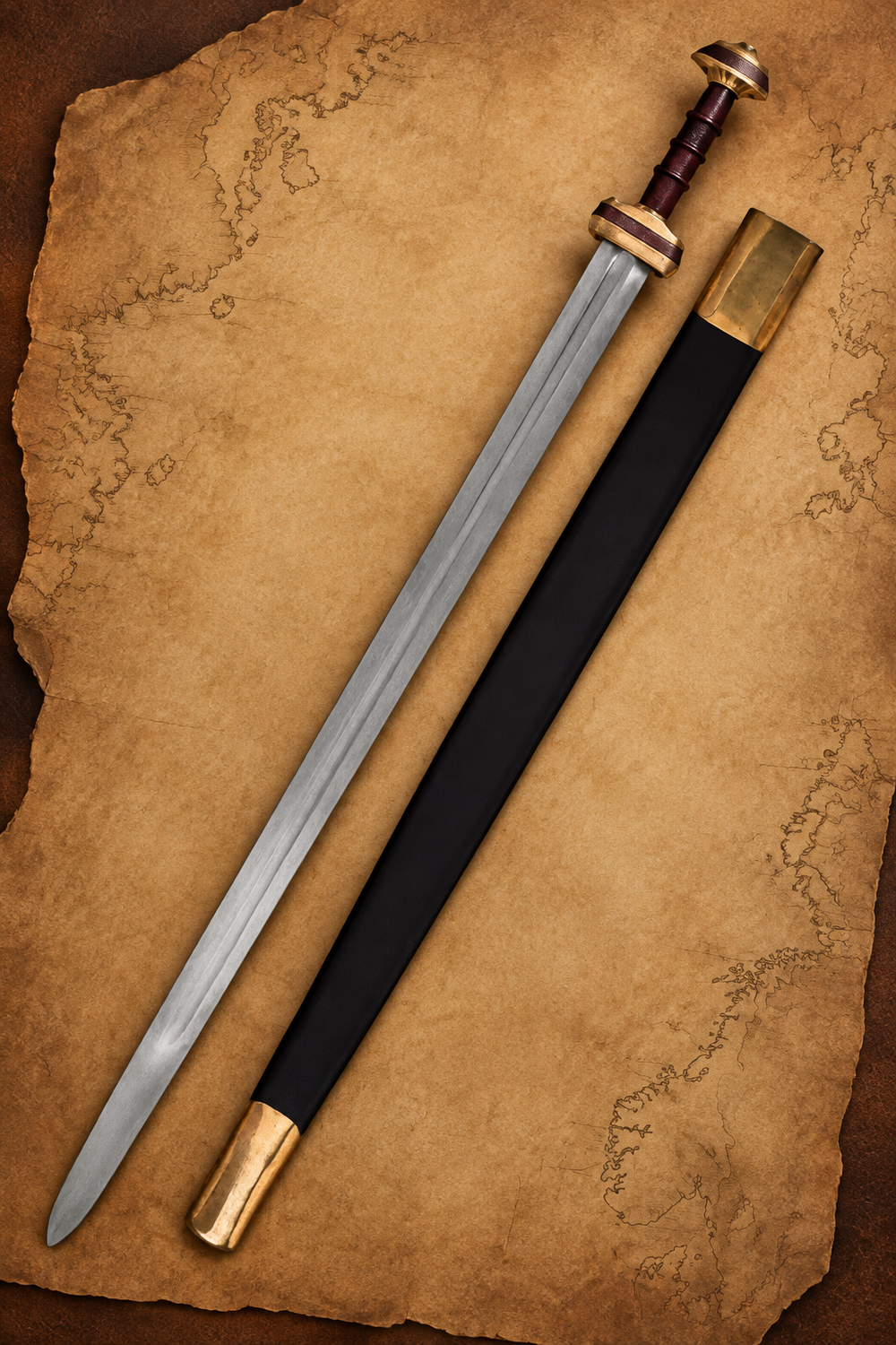 Saxon sword replica with black leather scabbard