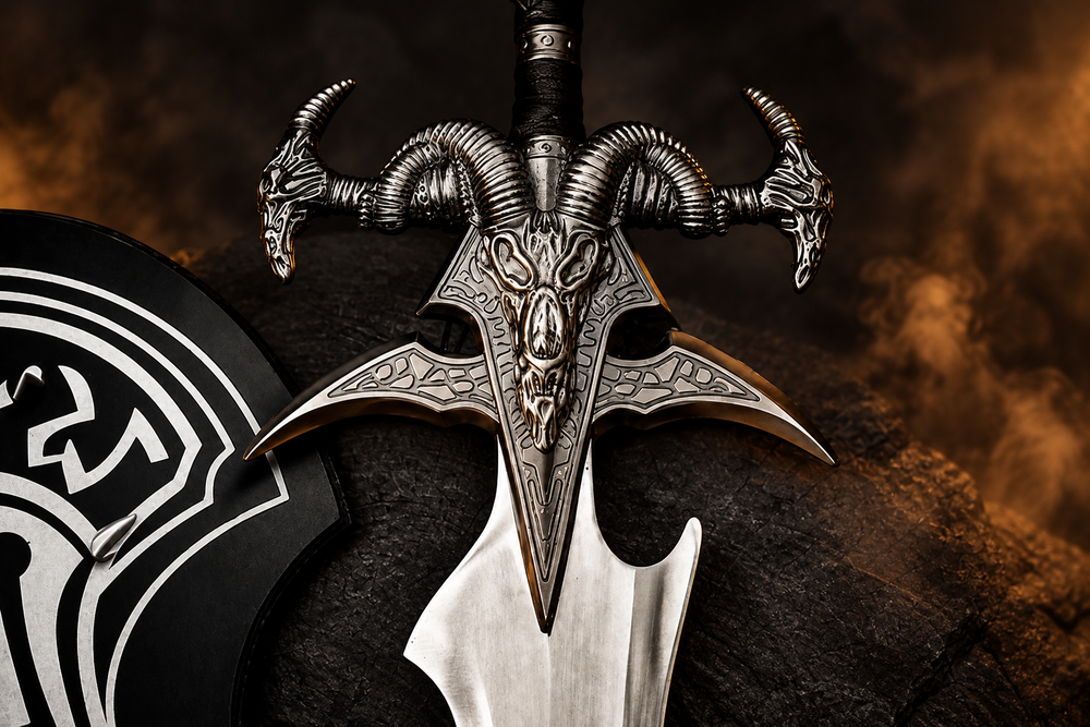 Frostmourne inspired replica – sculpted ram-horn skull guard