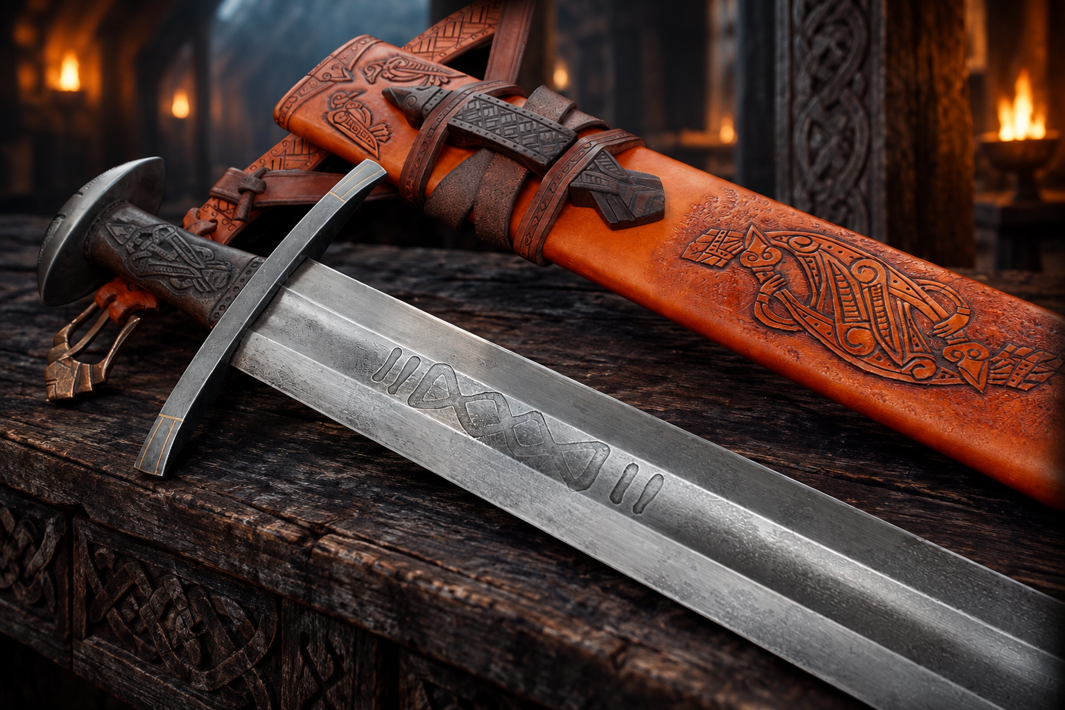 Ulfberht Viking sword replica – leather scabbard detail