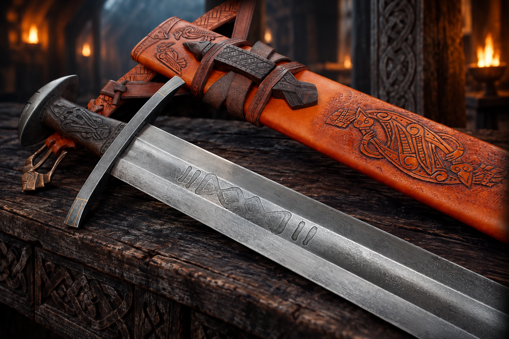 Ulfberht Viking sword replica – leather scabbard detail