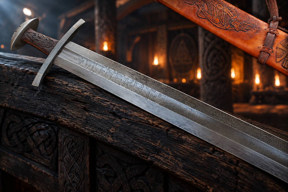 Ulfberht Viking sword replica – +VLFBERH+T inscription detail