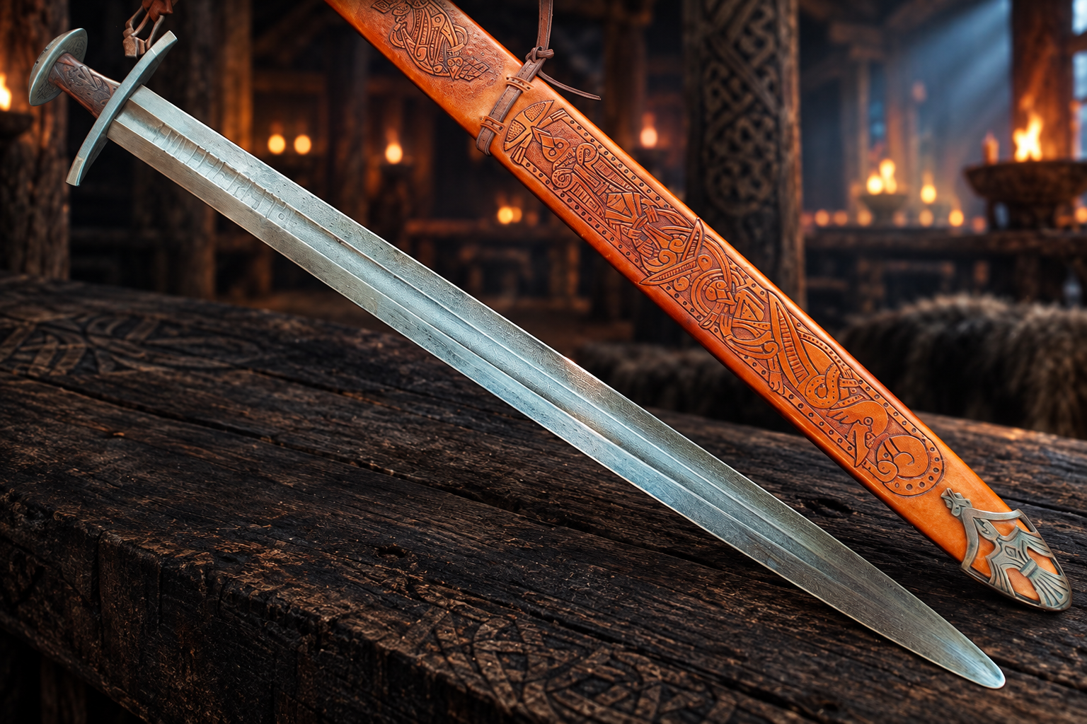 Ulfberht Viking sword replica display piece with tooled leather scabbard